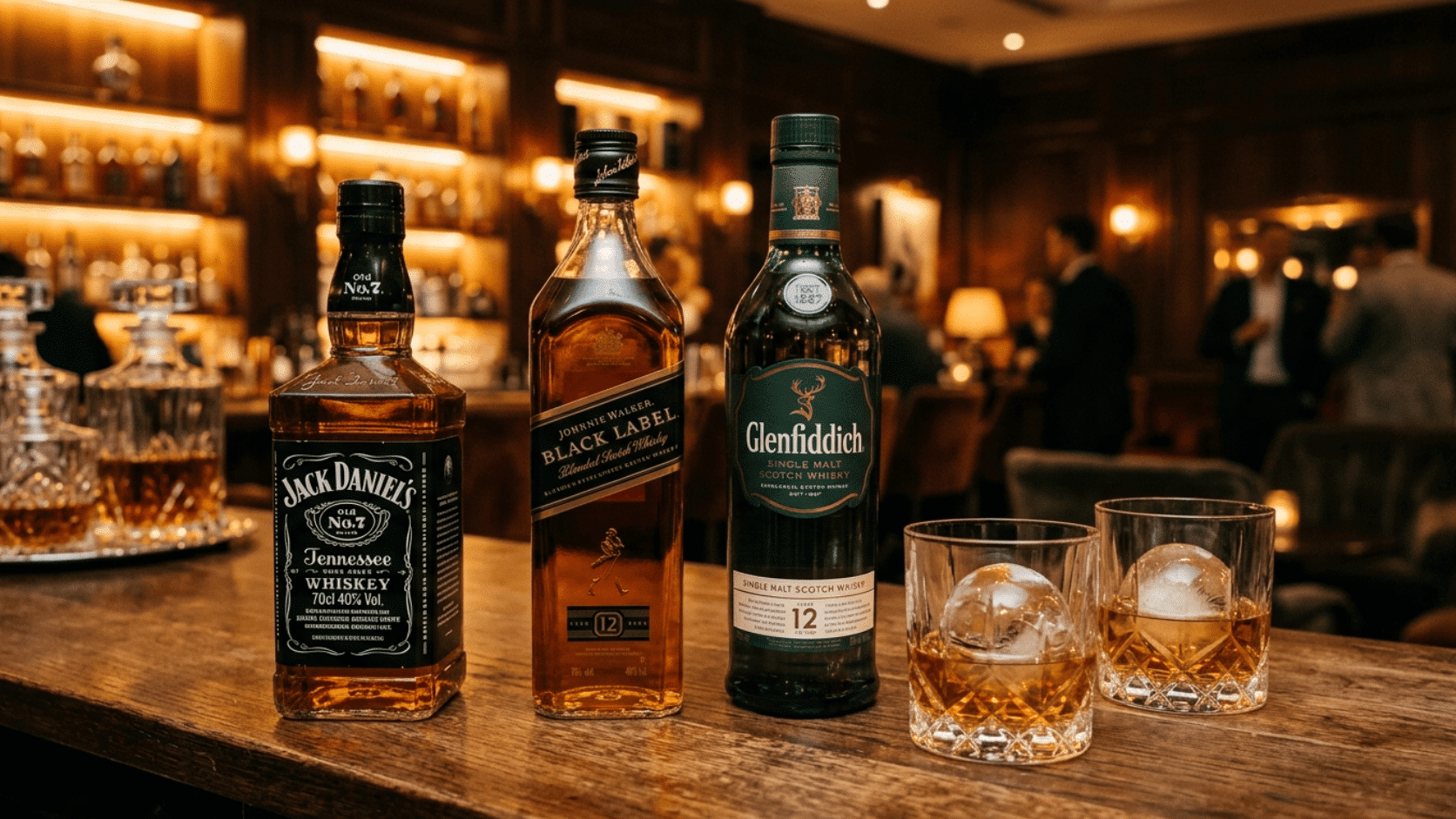 Premium whiskey bottles with crystal glasses on a wooden bar in an elegant whiskey lounge.