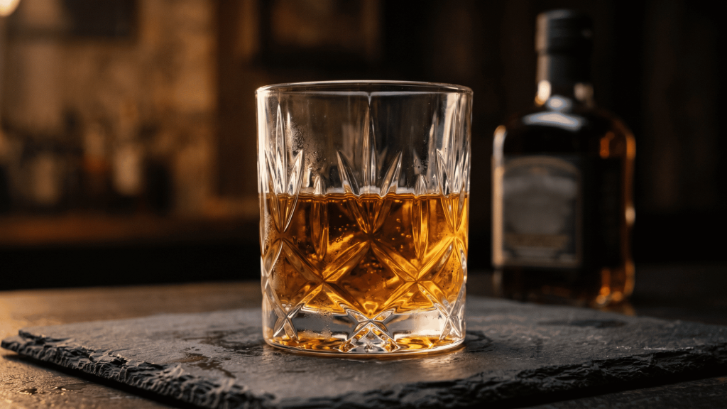 Whiskey glass with amber pour and blurred bottle on dark bar counter
