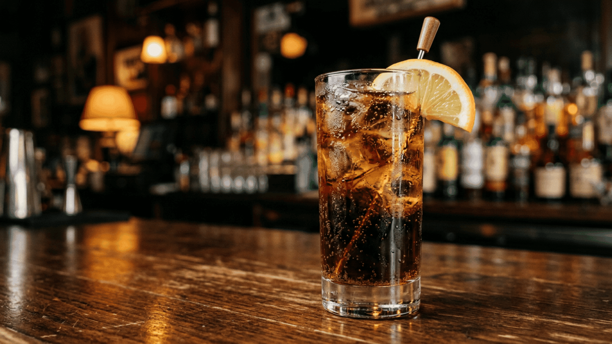 Whiskey coke cocktail with lemon garnish in a dimly lit bar setting