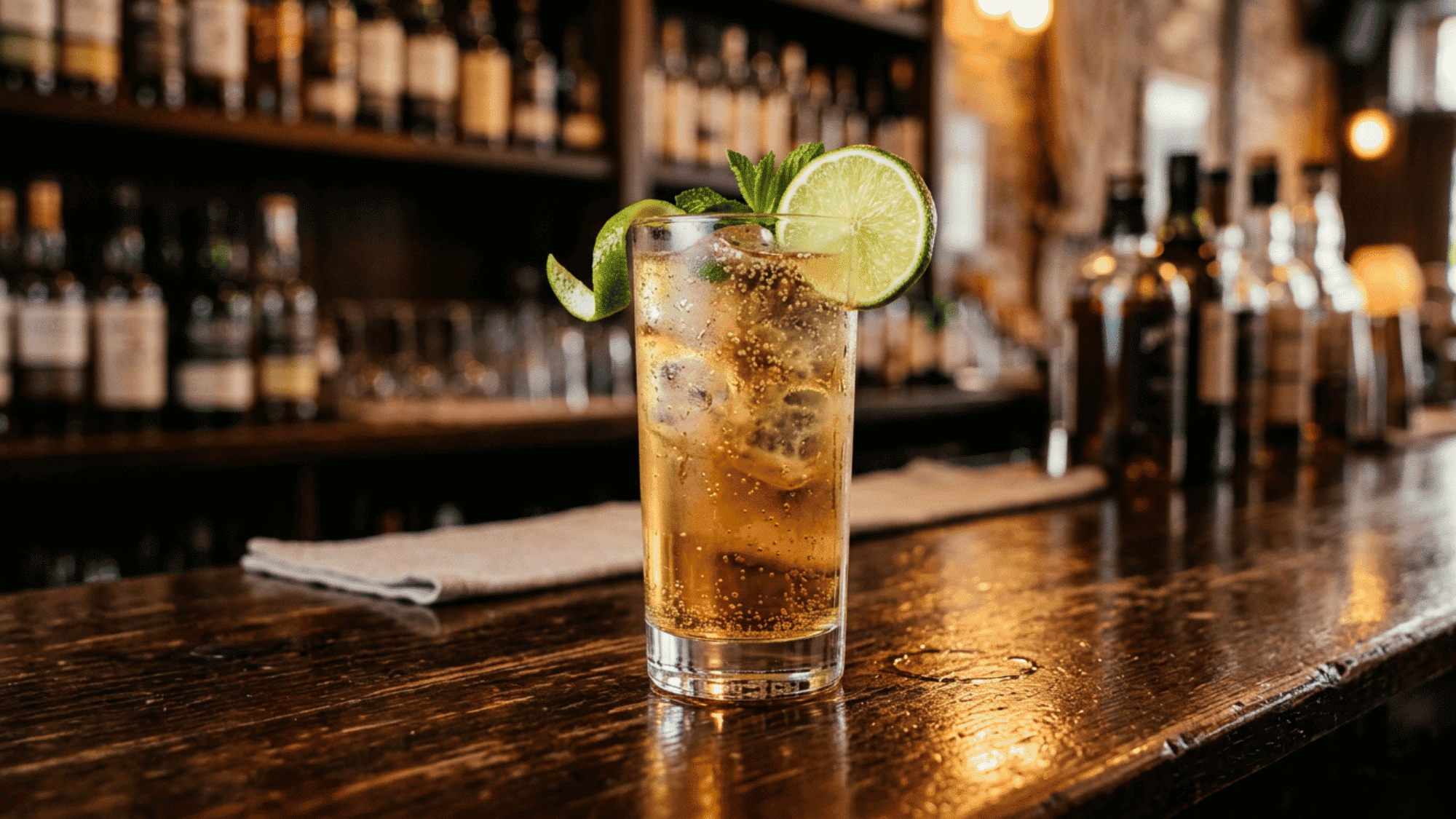 Whiskey ginger cocktail with lime garnish on a wooden bar counter