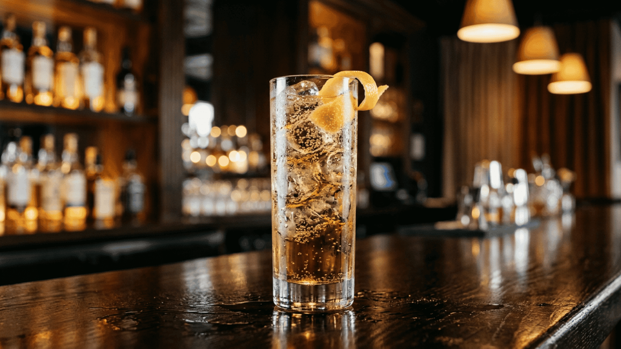 Whiskey highball with lemon twist on a polished bar counter