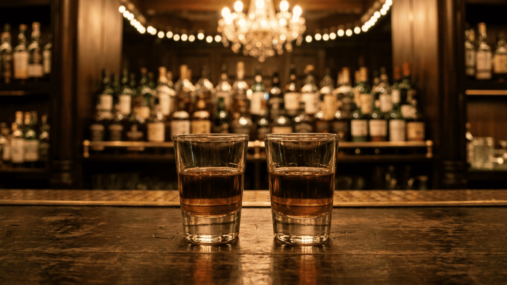 Two shot glasses filled with whiskey on a dimly lit bar counter