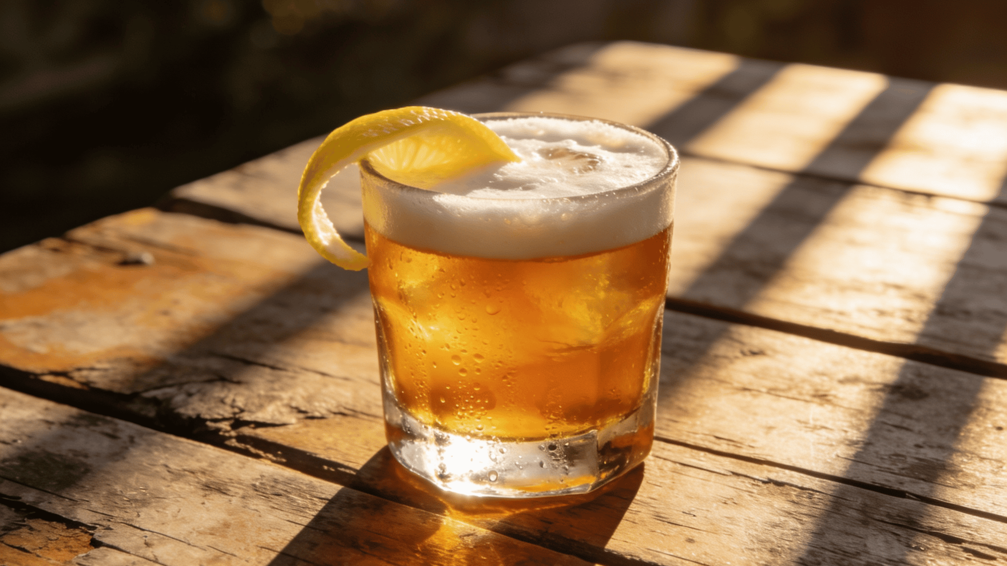 whiskey sour with foamy top and lemon garnish on a sunlit wooden table