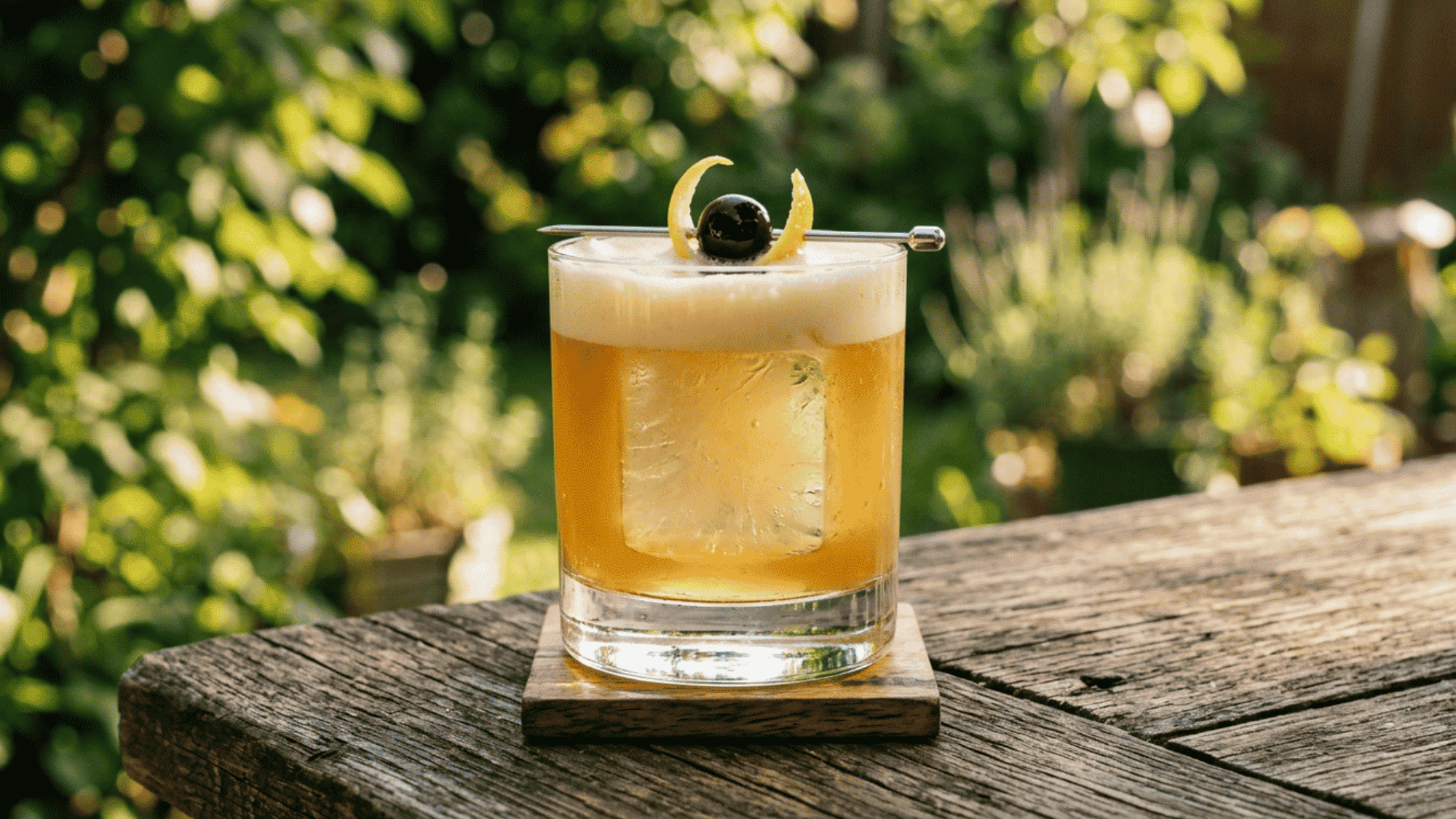 Whiskey Sour with foam, lemon, and cherry in a rocks glass