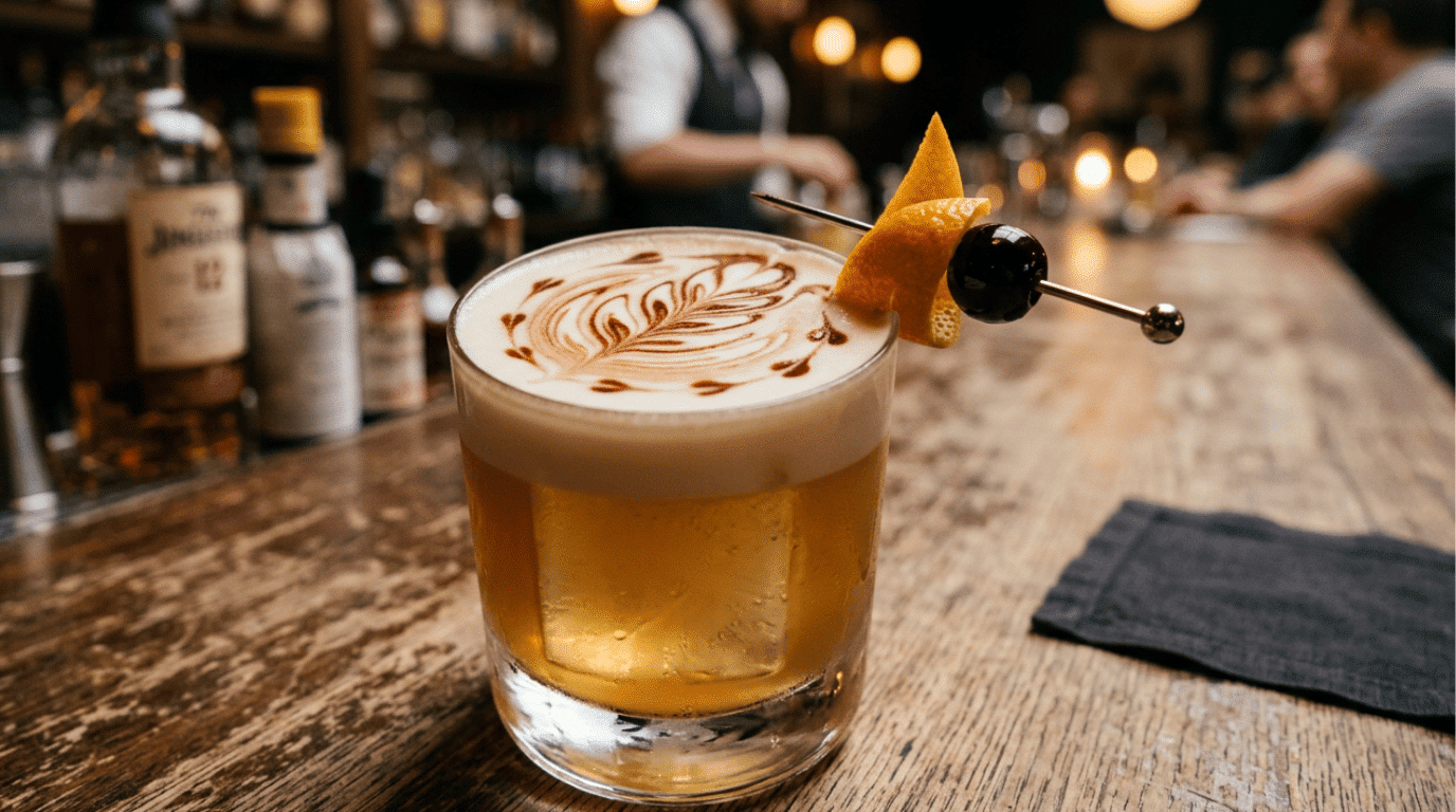 Whiskey sour cocktail with foam and bitters garnish