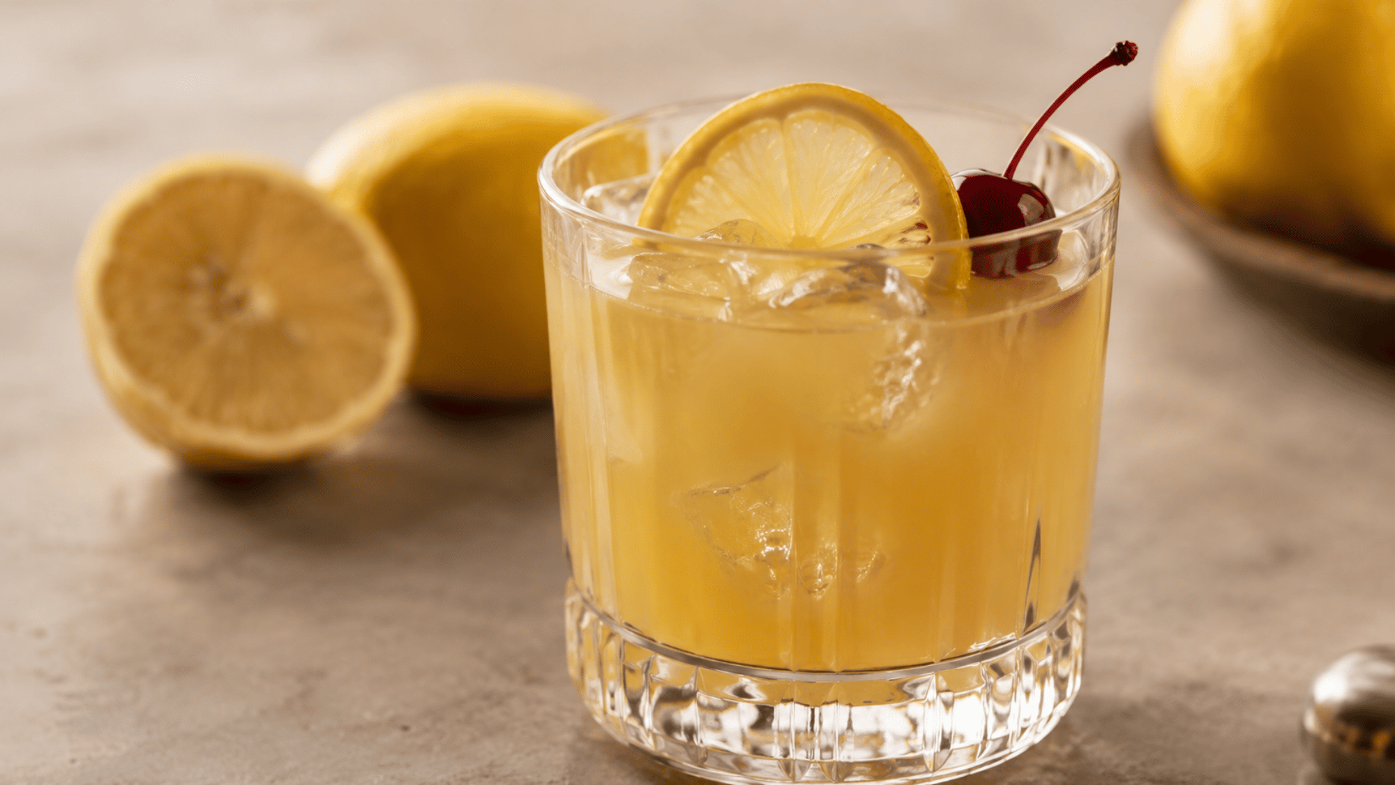Whiskey Sour cocktail with lemon wheel and cherry beside fresh lemons