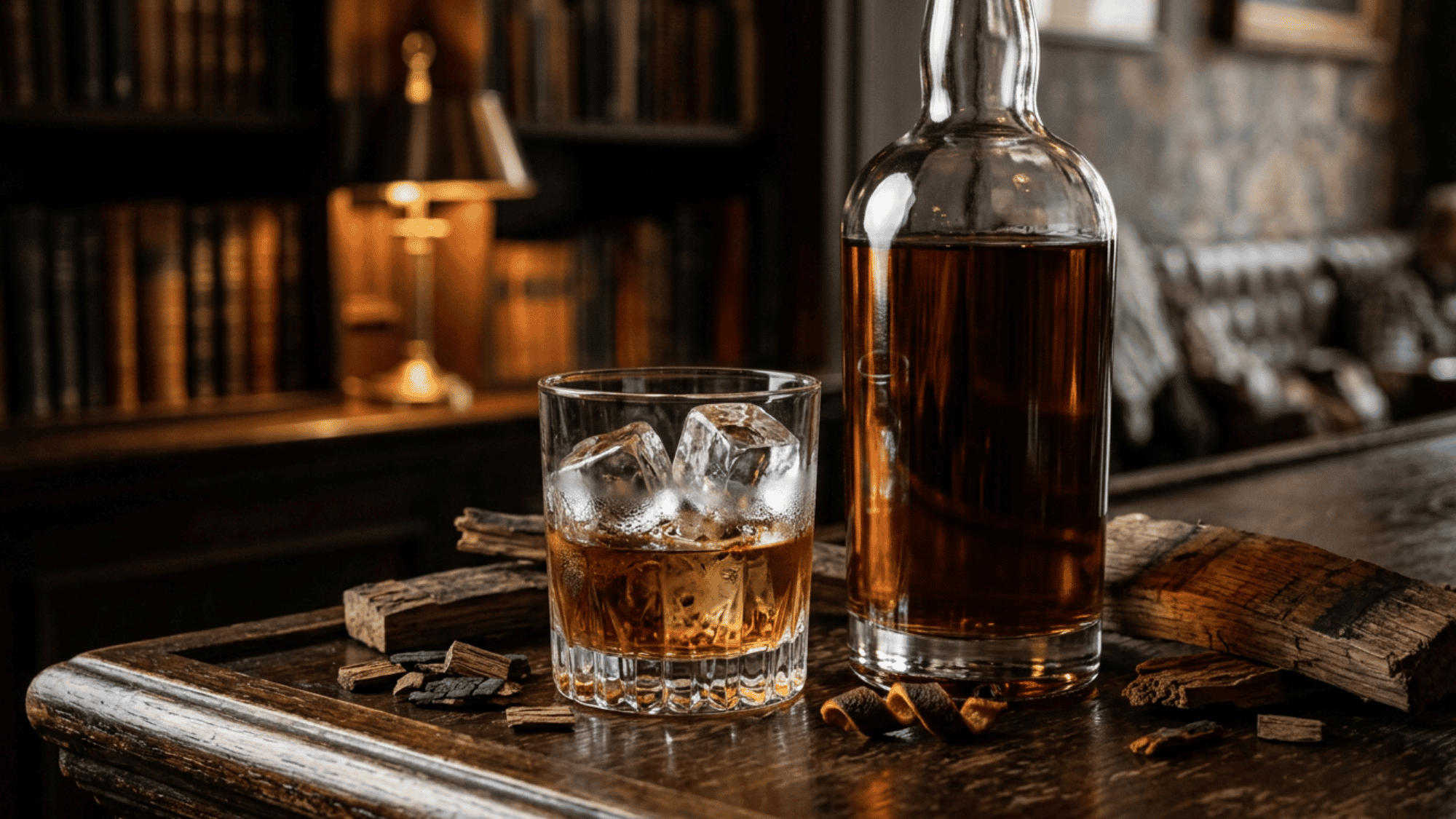 Whiskey bottle and glass with ice cubes on wooden bar with cozy lighting