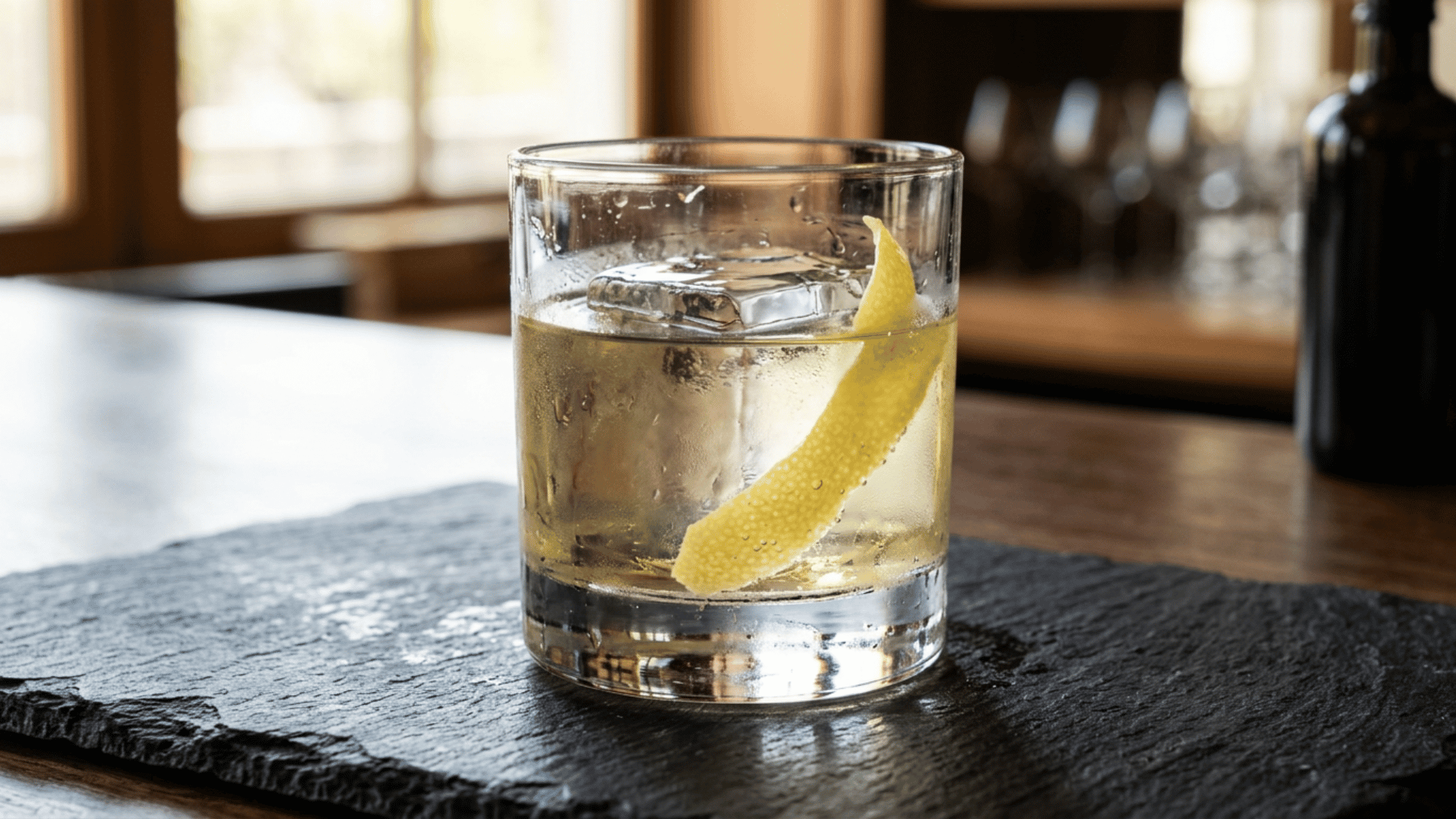 White Negroni with a large ice cube and lemon peel in a rocks glass