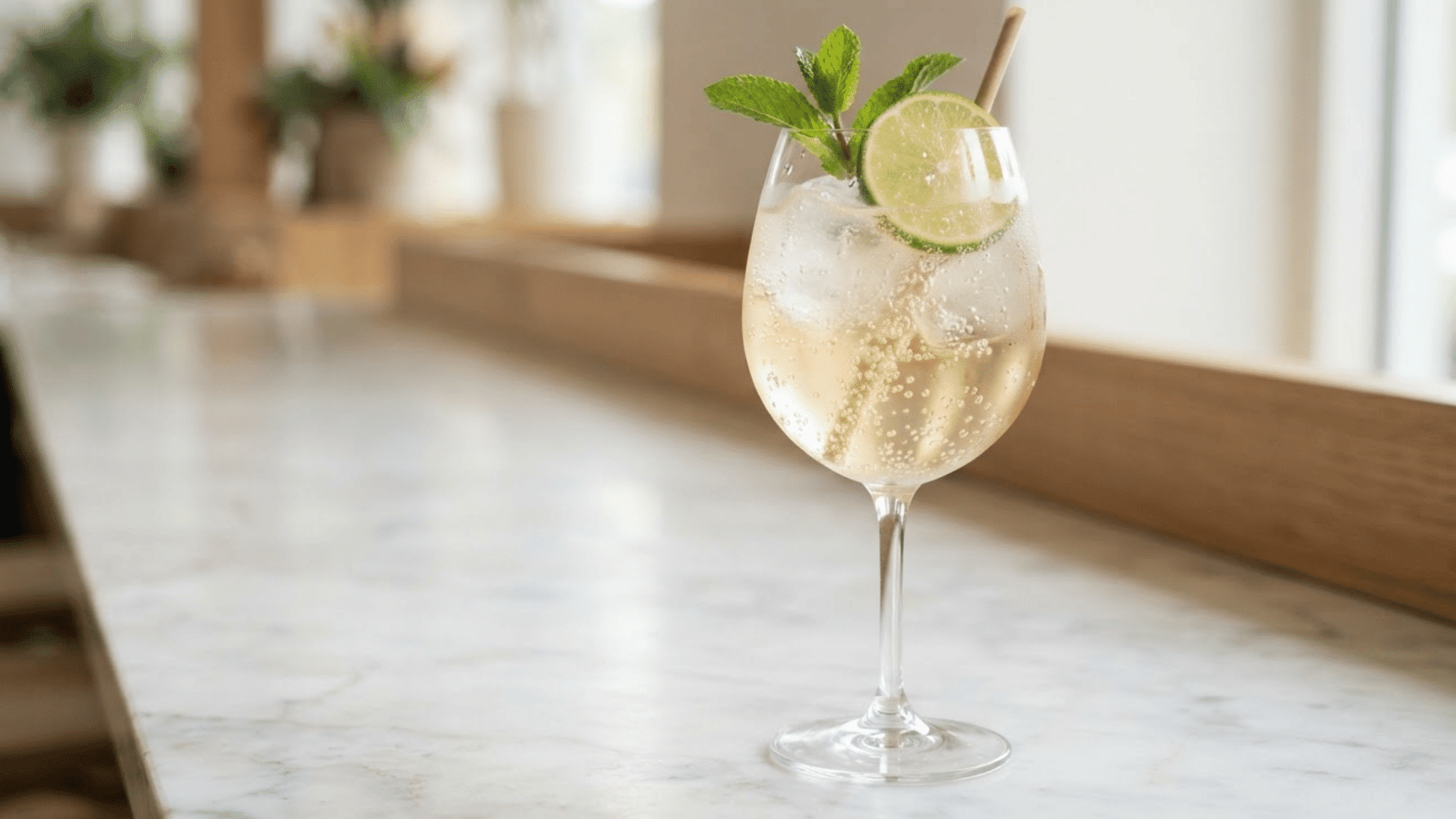 White Rum Spritz with bubbles, lime, mint, ice, and pale citrus color.