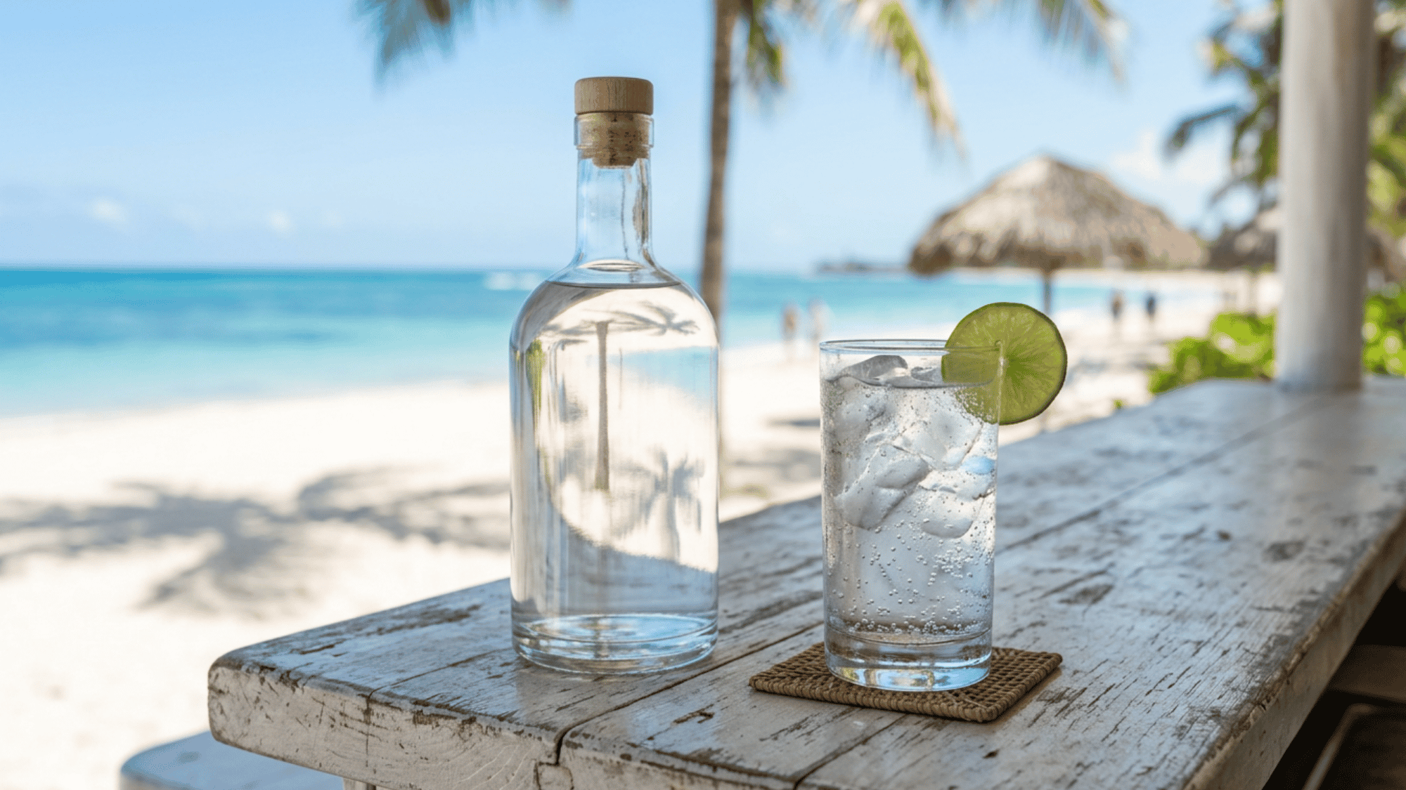 Clear white rum bottle with glass and lime on bright minimal countertop
