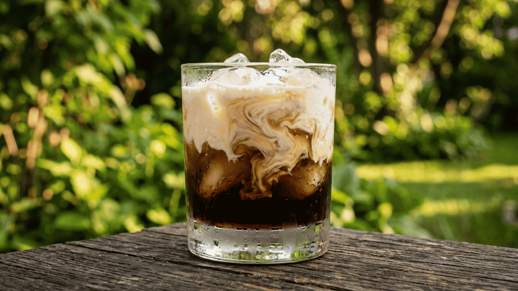 White Russian with cream swirl and ice in a rocks glass