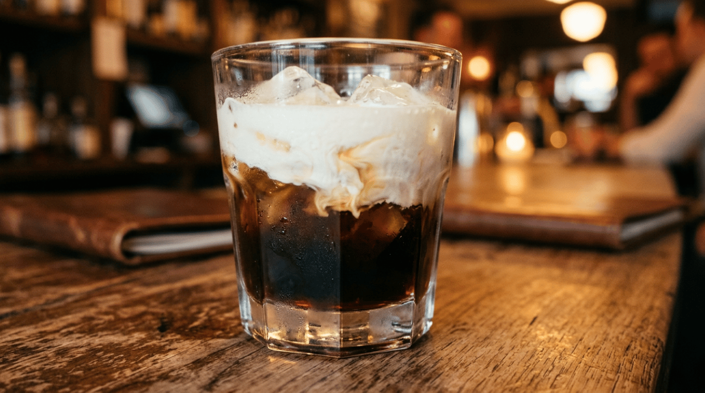 White Russian cocktail in a rocks glass with coffee liqueur and cream float over ice