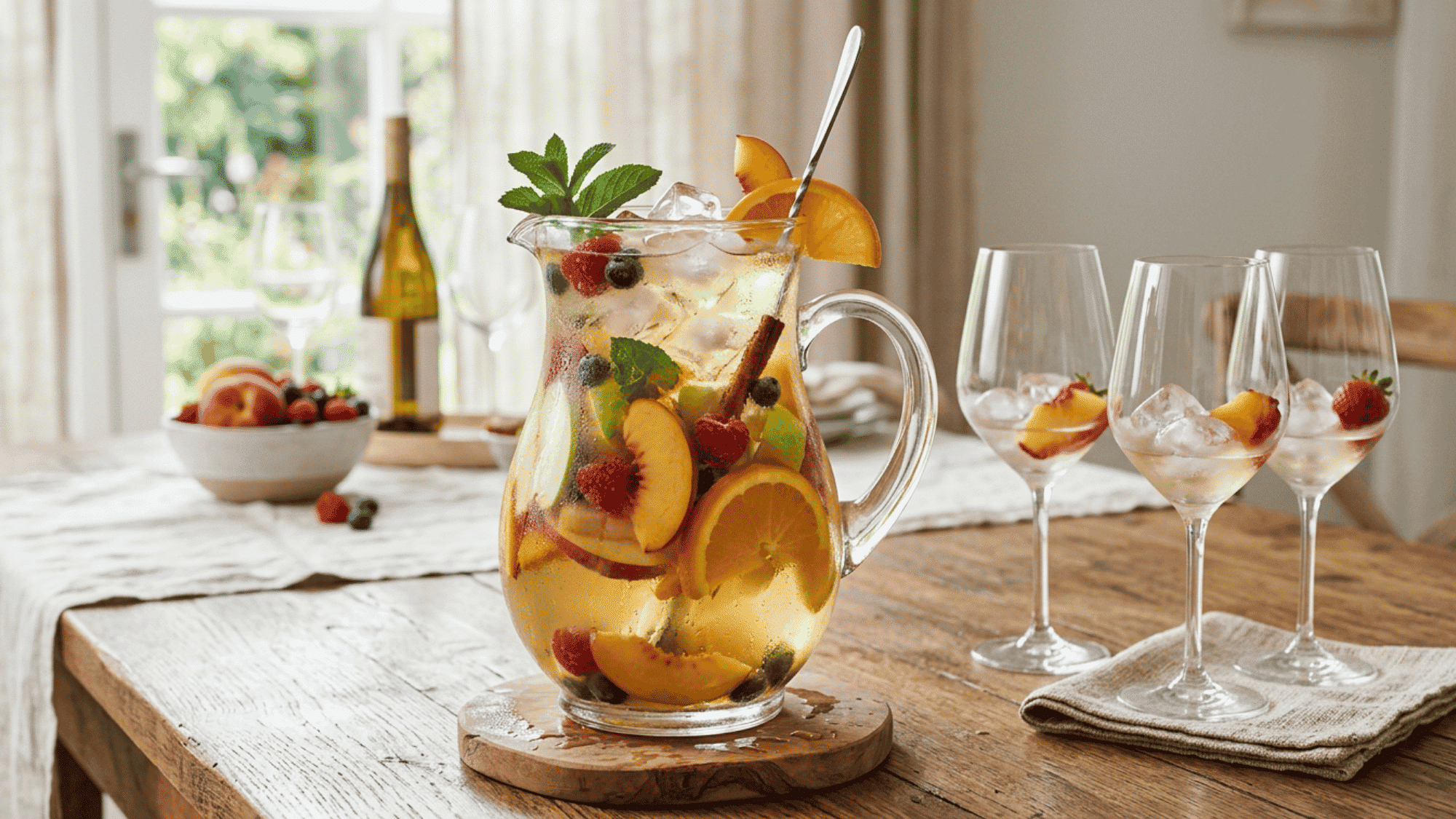 White sangria pitcher with peaches, citrus, berries, apples, ice, and wine glasses