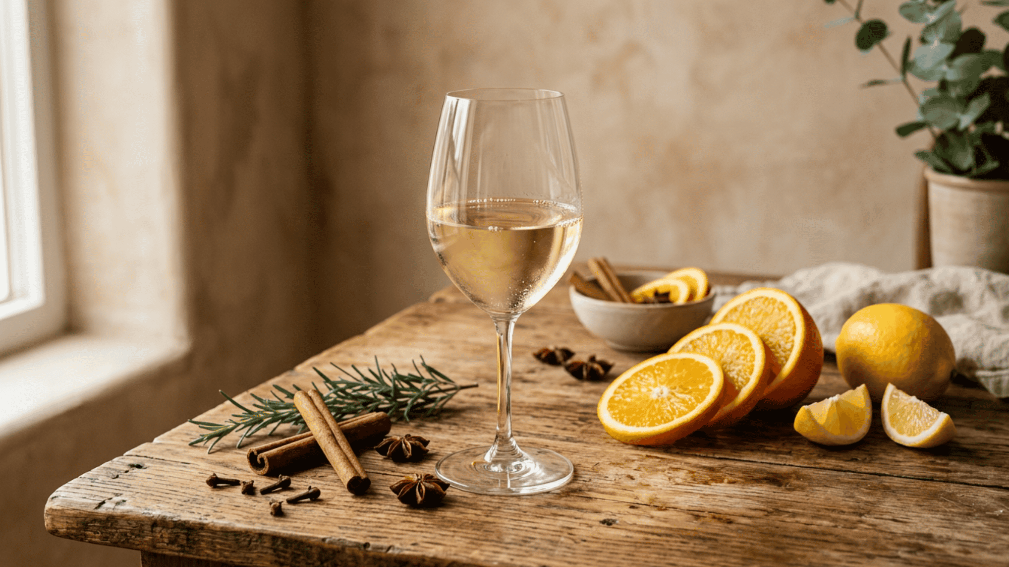 Glass of white wine on a wooden table with lemon, orange, and cinnamon