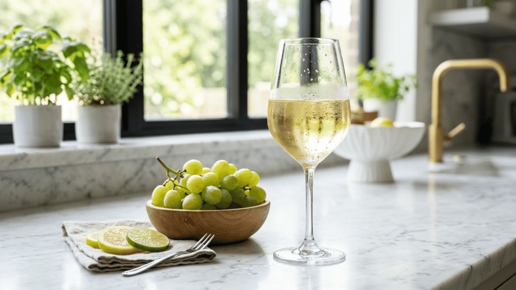 Chilled white wine glass with green grapes and citrus on a bright marble counter
