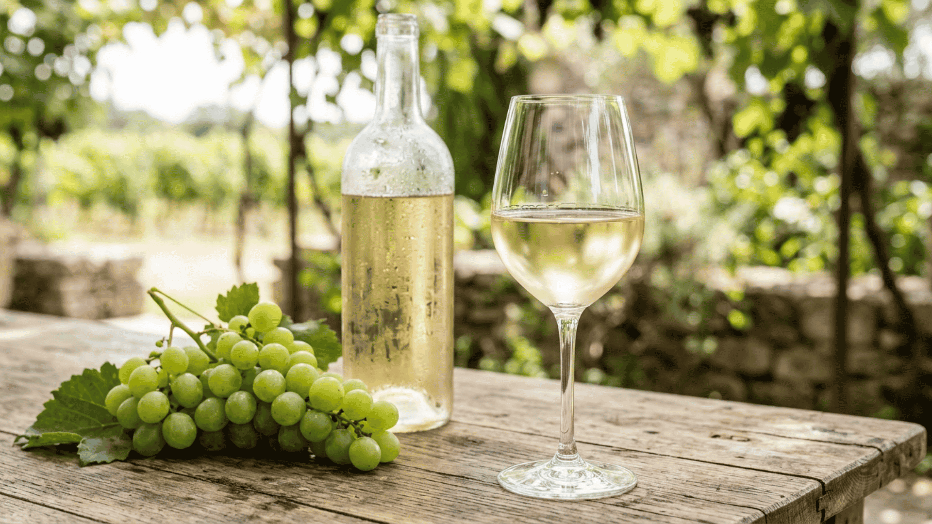 Glass of white wine beside green grapes