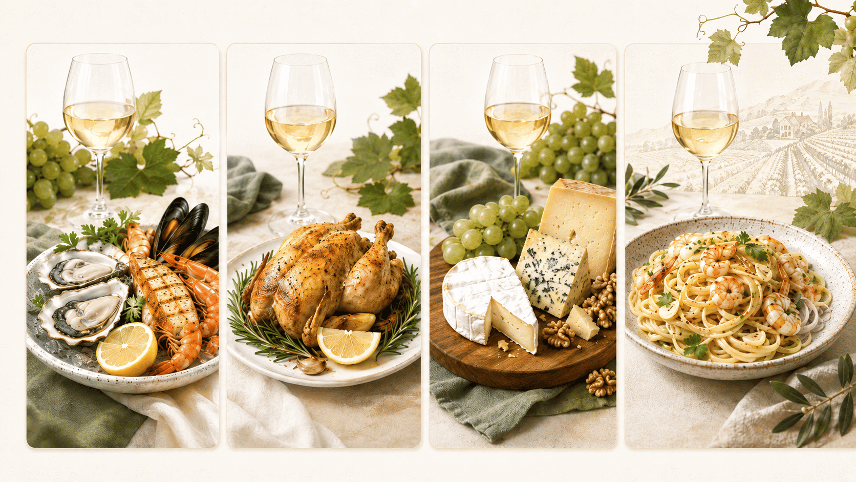 White wine served with seafood, roast chicken, cheese, and pasta pairings