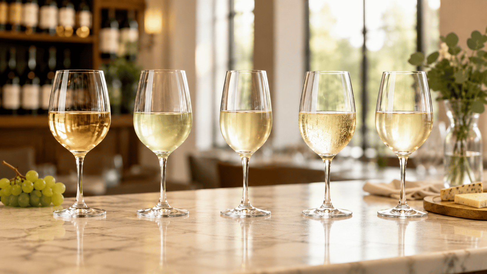 glasses showing Chardonnay, Sauvignon Blanc, Riesling, Moscato, and Pinot Grigio.