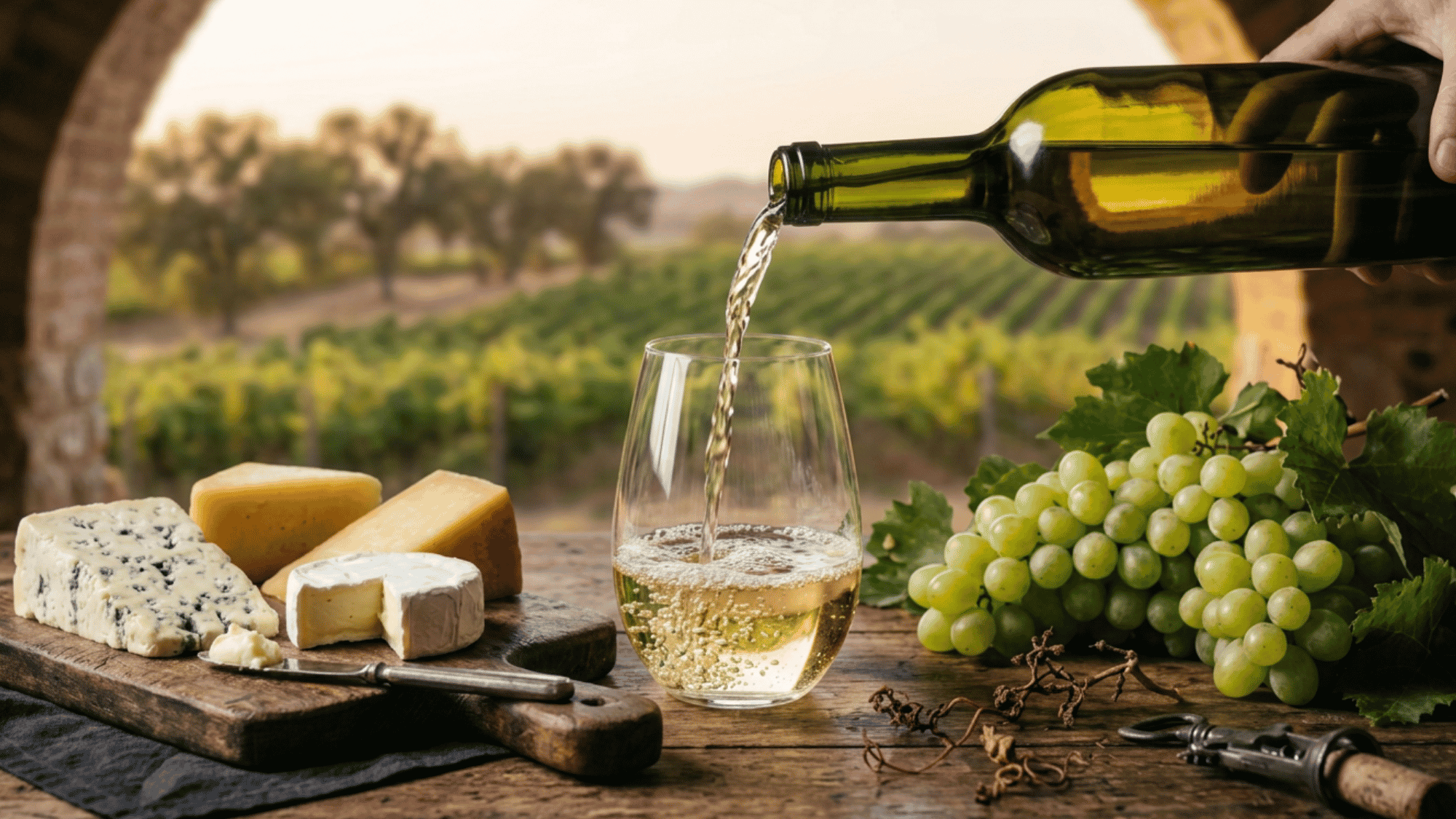 Chilled white wine being poured into a clear wine glass.
