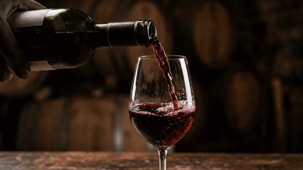 Red wine being poured into clear glass.