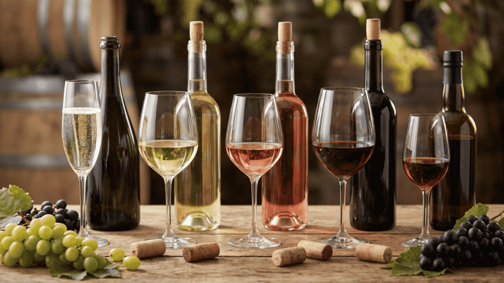 Five wine varieties in glasses and bottles lined up with grape clusters