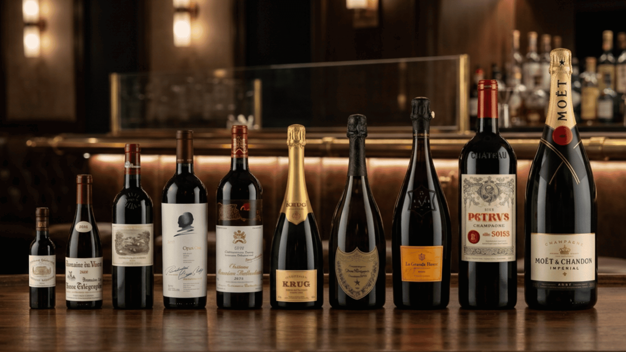 Six wine bottles in varying sizes with blank labels arranged on a marble countertop beside filled wine glasses.