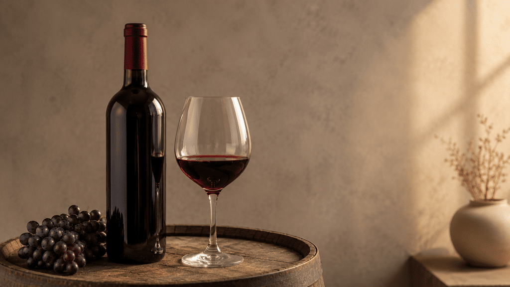 Wine bottle and red wine glass on a rustic barrel with grapes against a warm, neutral indoor background.
