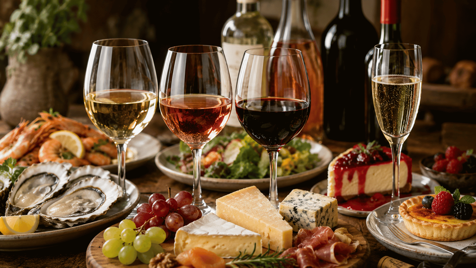Wine glasses paired with seafood, cheese, and desserts for balanced sweetness pairing.