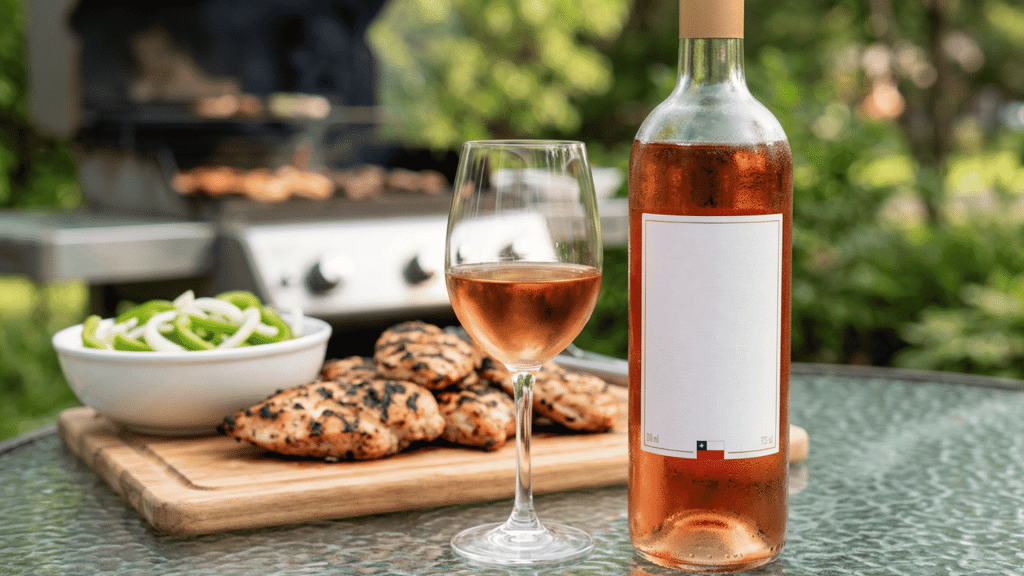 wine bottle with grilled chicken outdoors.