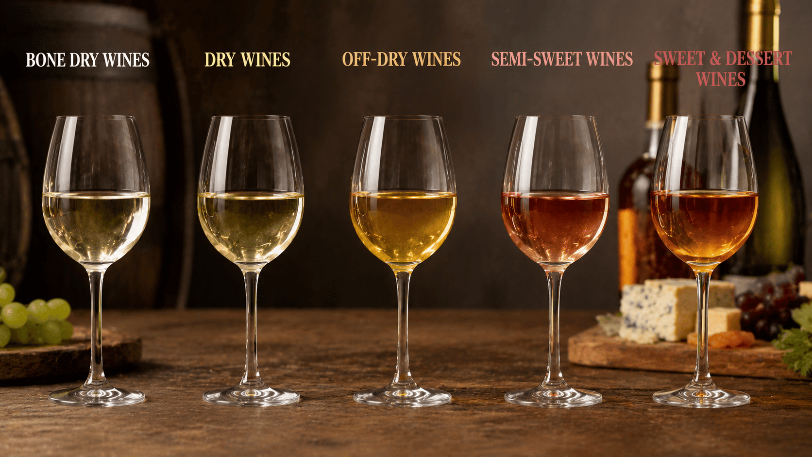 Five wine glasses showing bone dry to sweet dessert wine sweetness levels