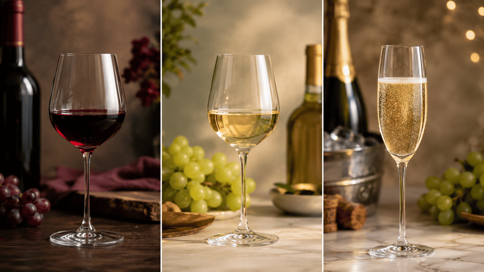 Side-by-side red, white, and sparkling wine glasses comparing sweetness styles from dry to sweet