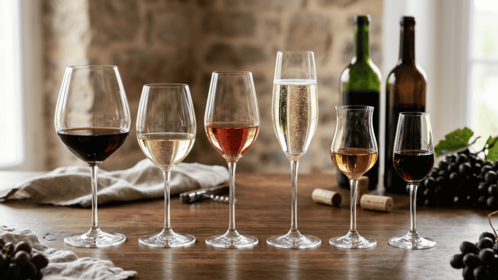 Seven wine glasses showing red, white, rosé, sparkling, dessert, and more styles