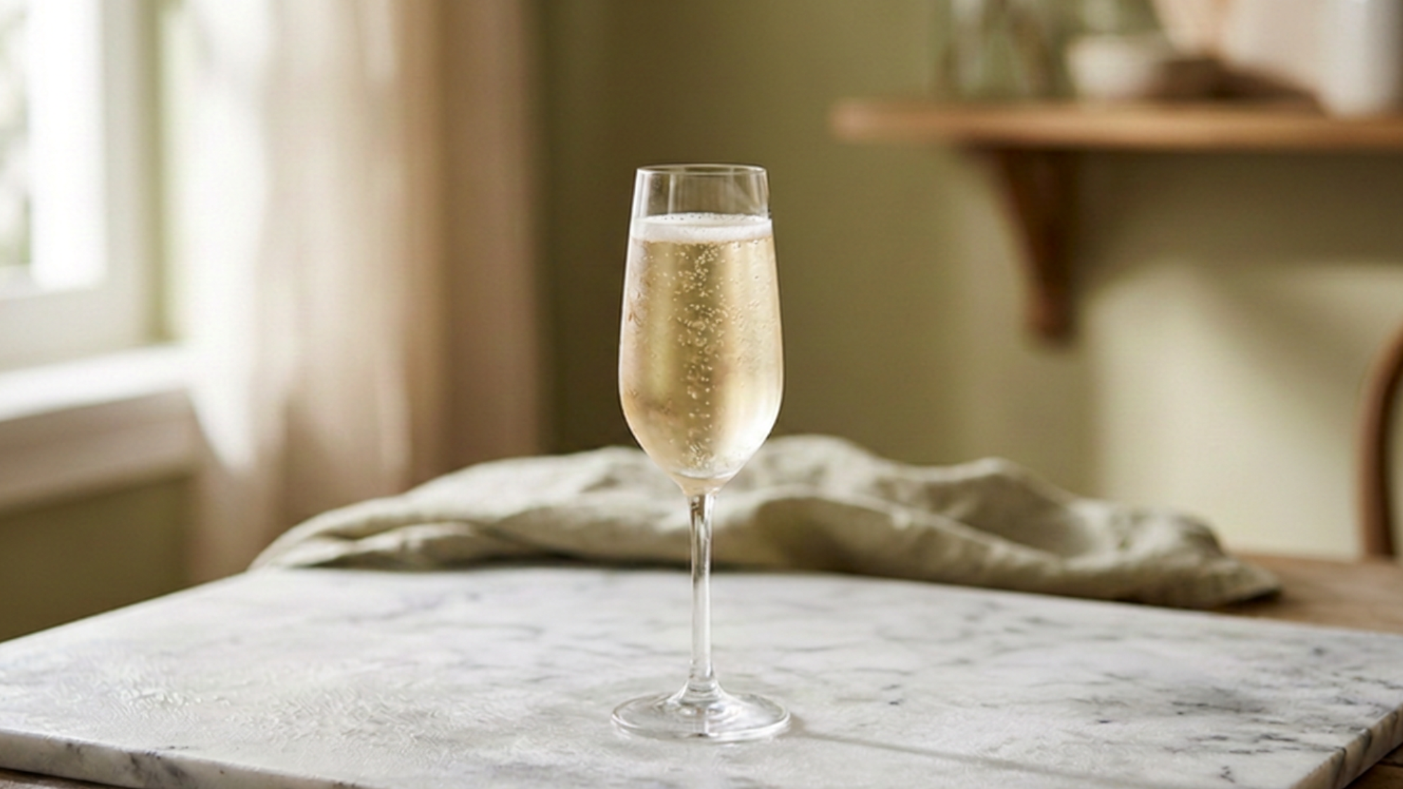 Winter Pear Bellini in a champagne flute inside a bright sunlit conservatory.