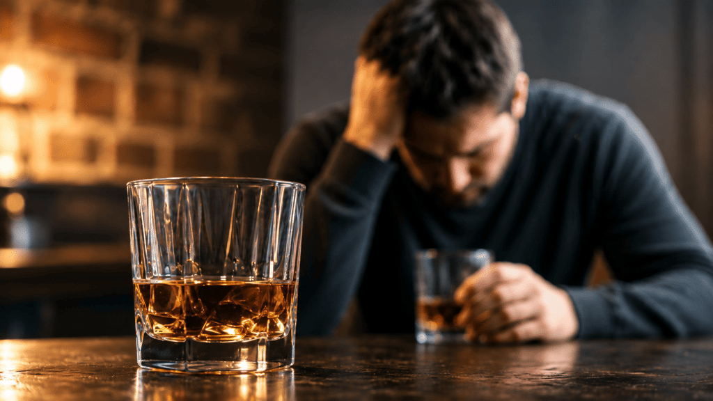 Alcohol glass in sharp focus with a blurred man sitting thoughtfully in the background.
