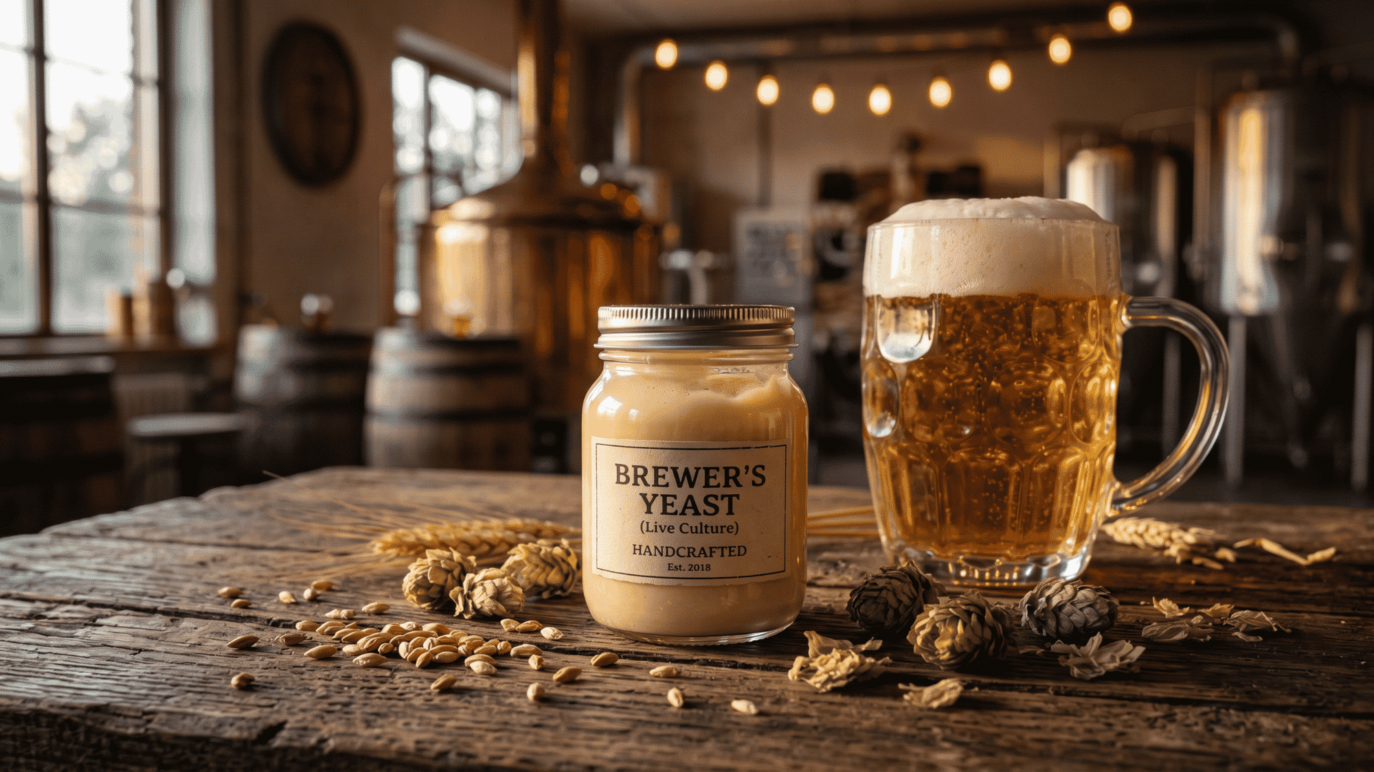 Jar of brewer's yeast live culture next to a foamy beer mug in a brewery