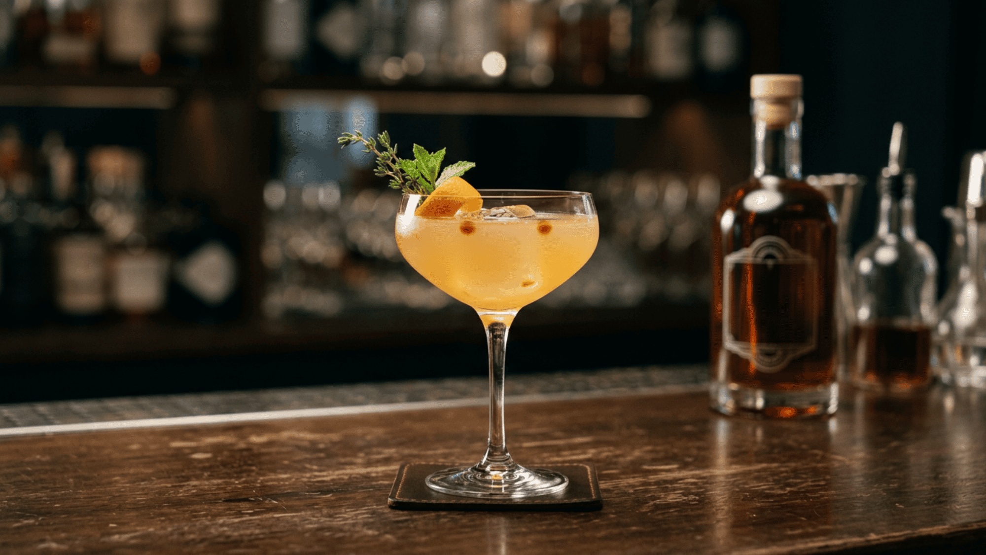 Zero-proof spirit cocktail in a coupe glass with orange peel on a dark bar