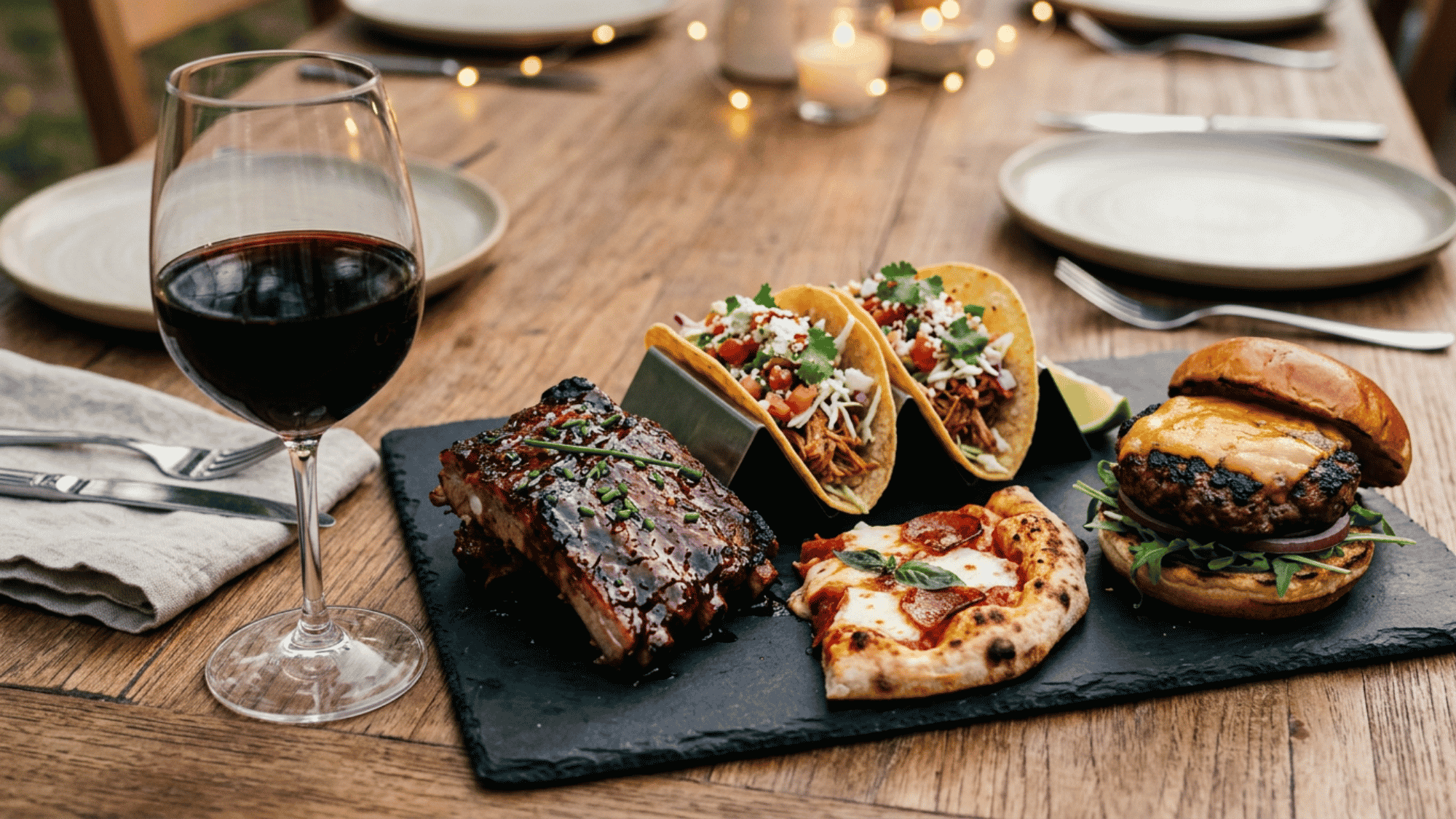 Zinfandel with BBQ ribs, tacos, pizza, and a burger on a slate board