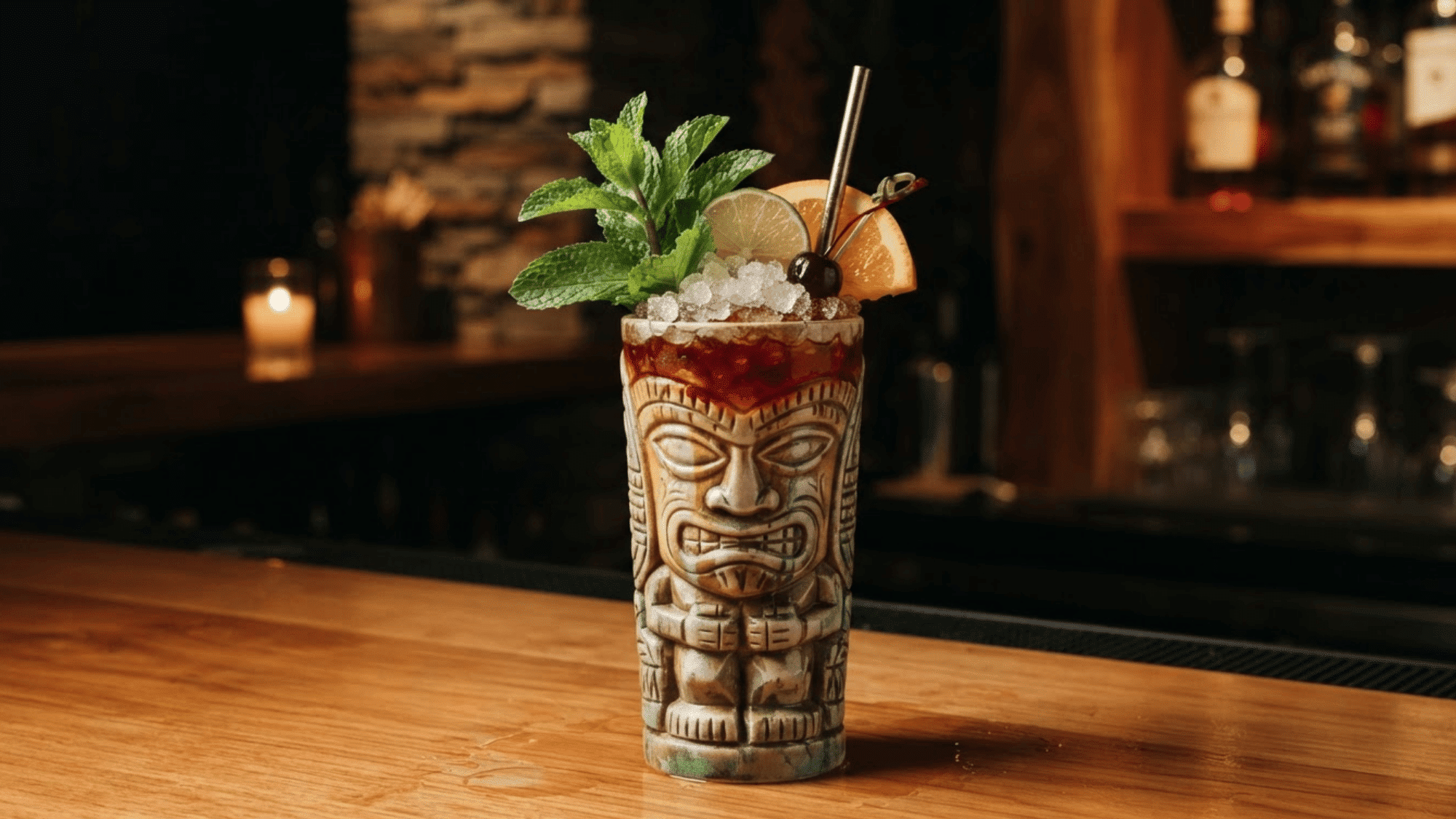 Zombie cocktail with layered rum, crushed ice, mint, citrus, and cherry garnish.