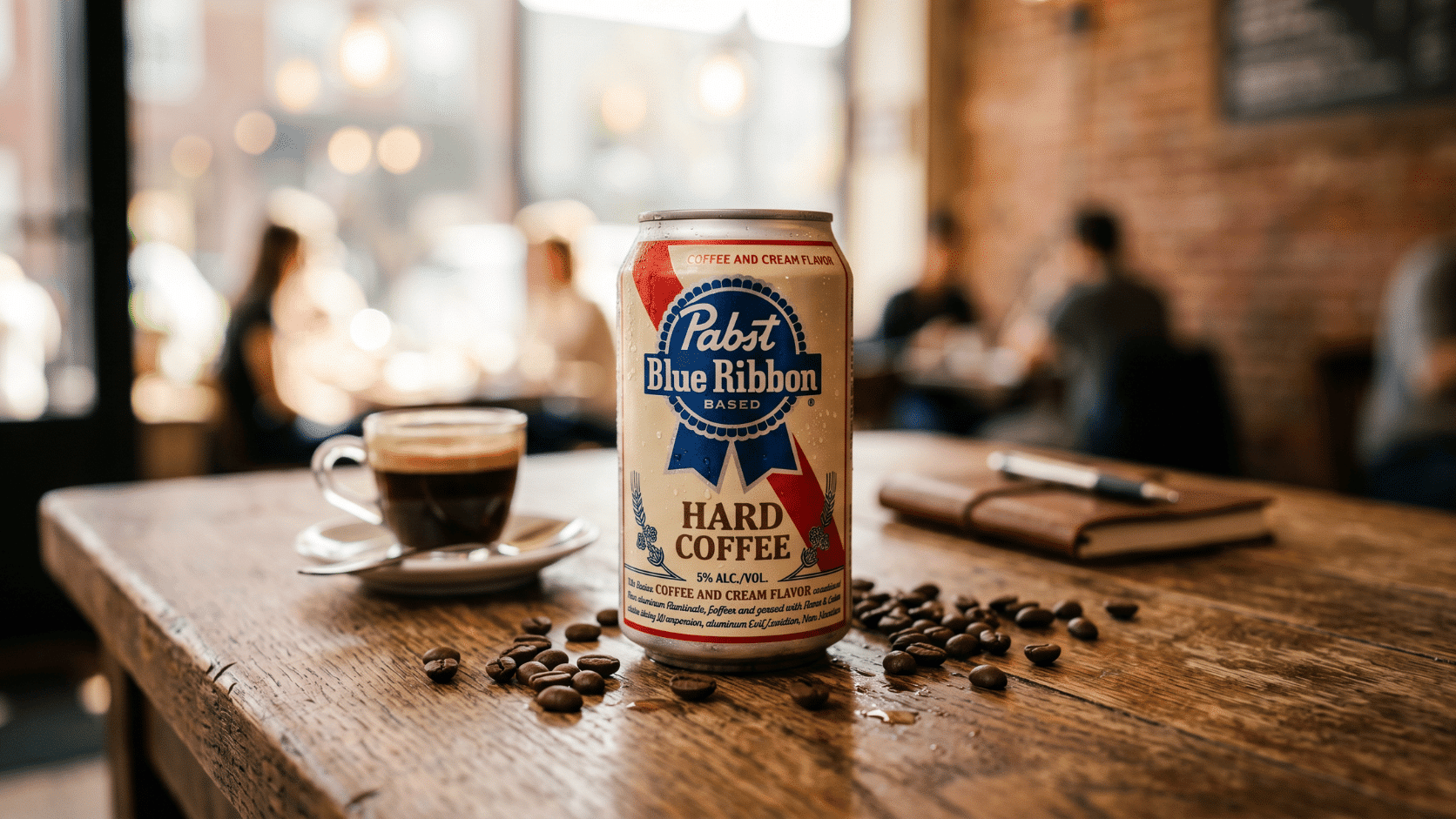 A 12-ounce can of Pabst Blue Ribbon Hard Coffee against a cafe background.