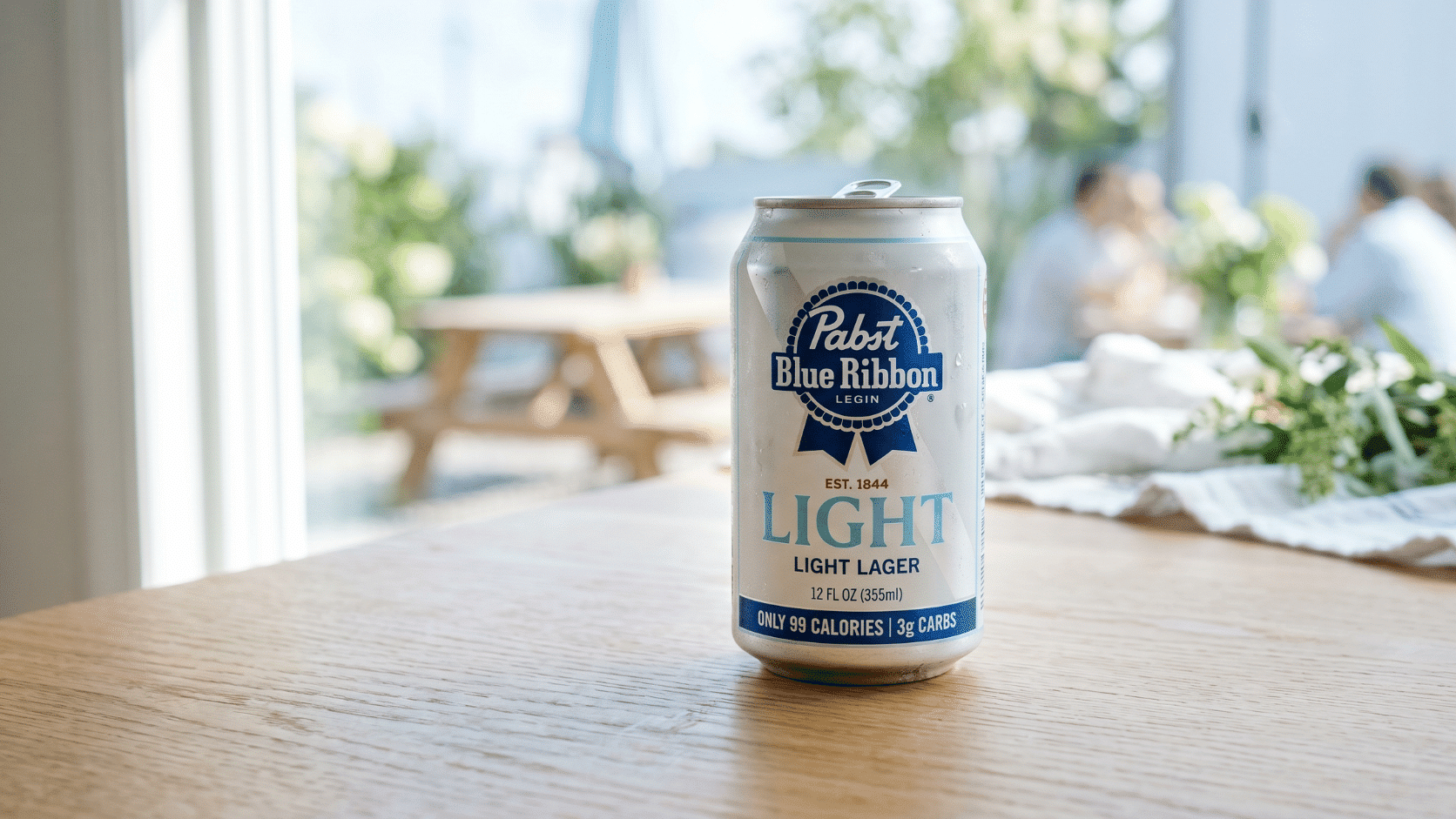 A 12-ounce can of Pabst Blue Ribbon Light beer against an outdoorsy background.