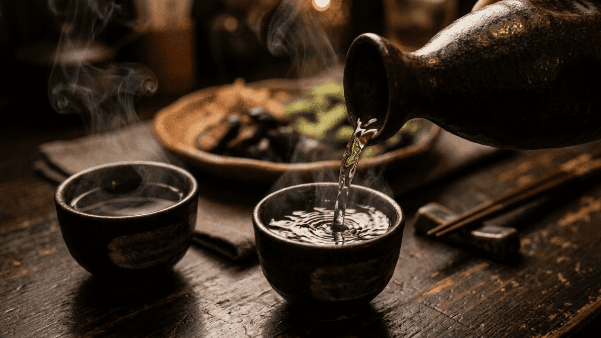 warm sake pours from a dark ceramic flask into two cups beside a traditional Japanese meal