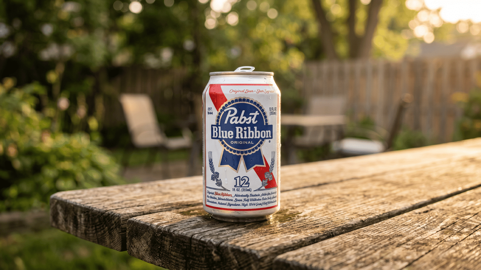 A standard 12-ounce can of Pabst Blue Ribbon original beer against a background of nature.