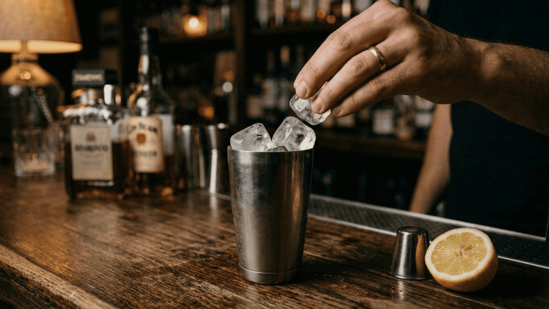 hand adds clear ice cubes to a metal shaker beside a jigger and halved lemon