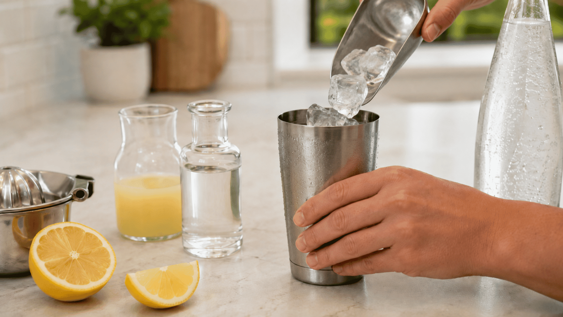 Hands adding clear ice cubes to a steel shaker on a kitchen counter.