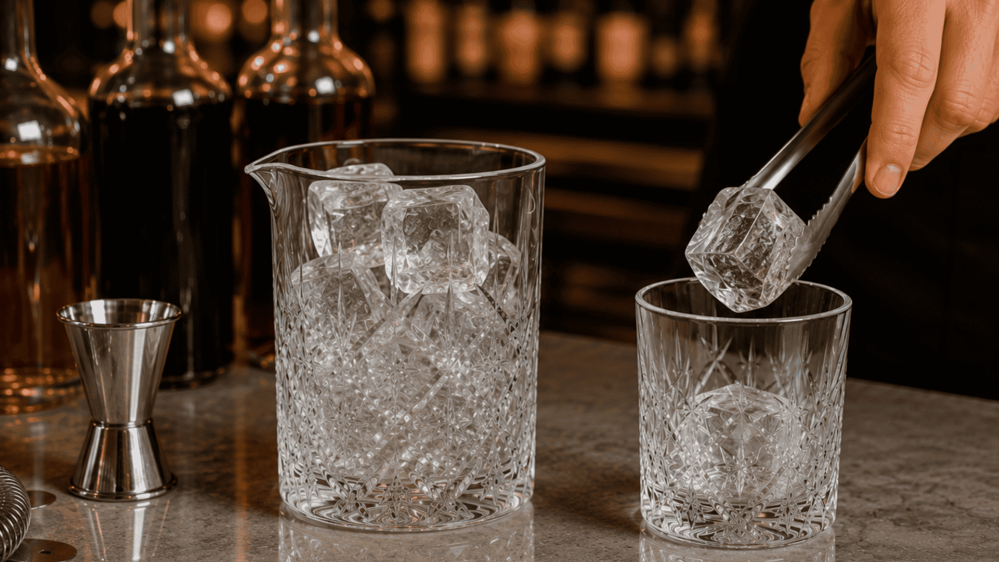 Bartender pouring liquor into a jigger beside a crystal mixing glass on a bar