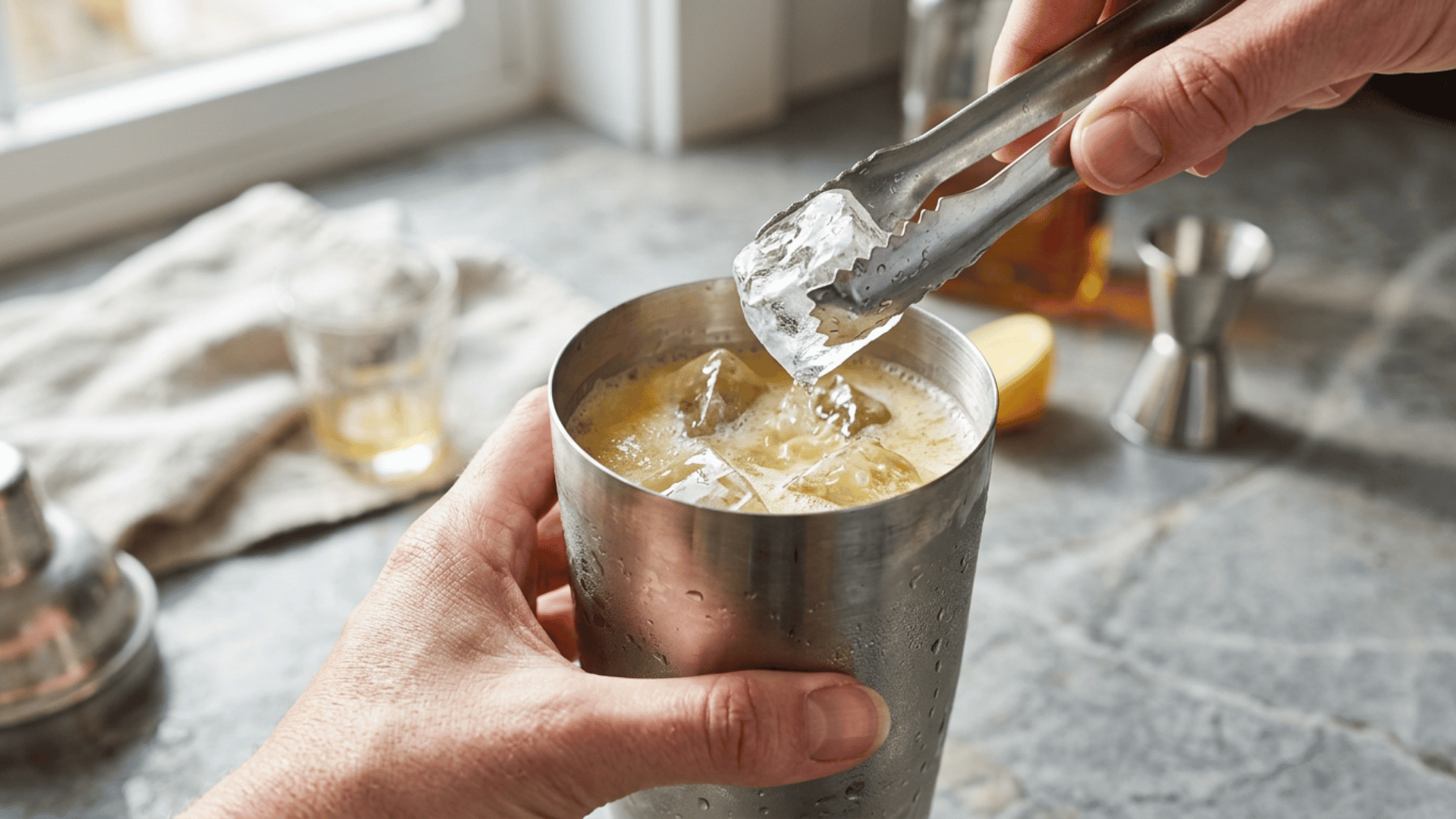 hand adds clear ice cubes to a shaker filled with whiskey sour mixture