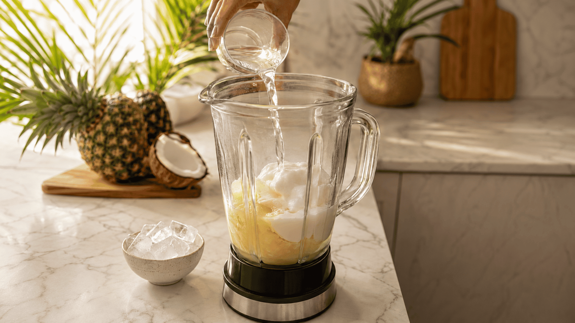 white rum poured into a blender with pineapple juice, coconut cream, and ice nearby