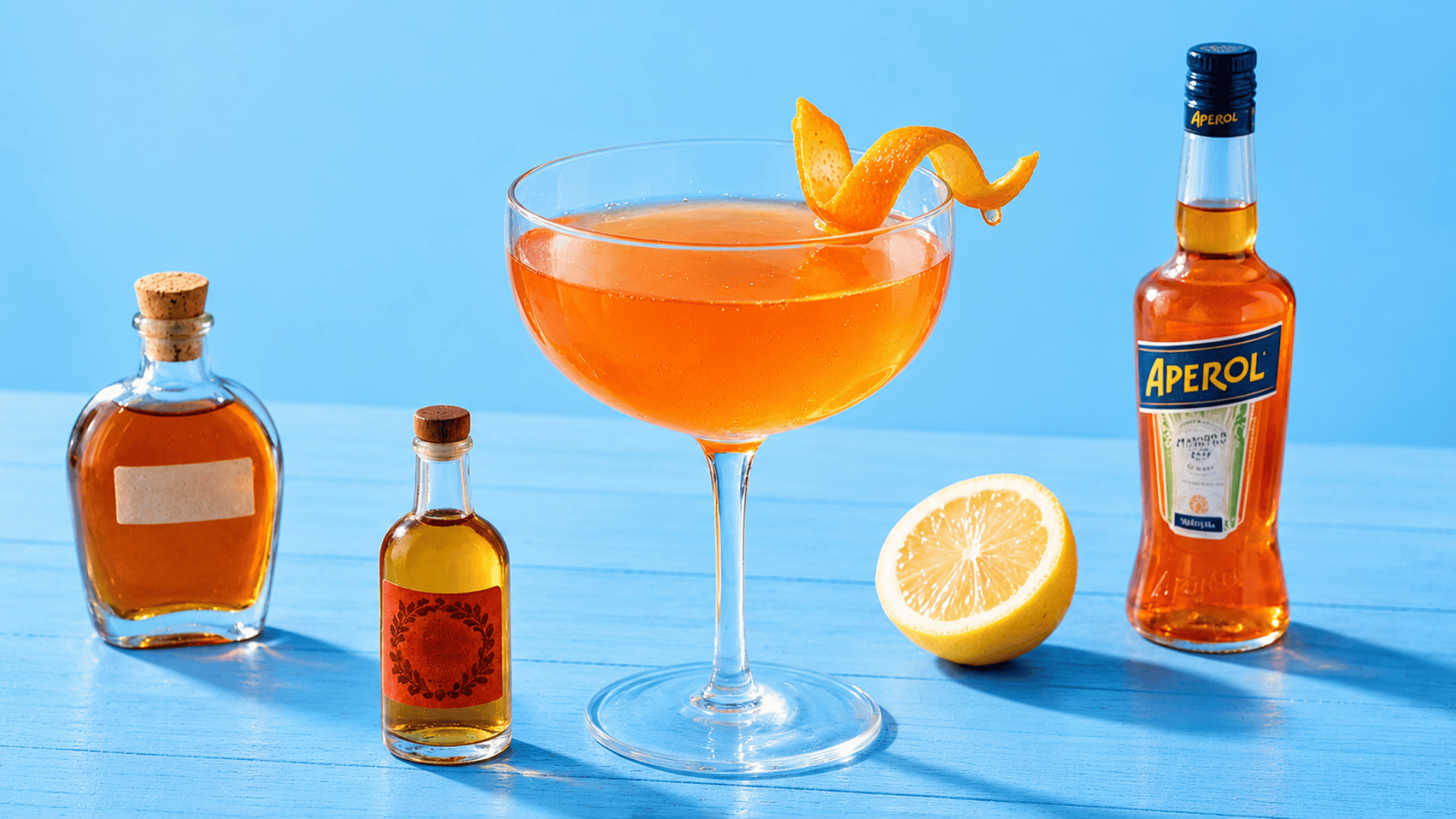 Paper Plane cocktail in a coupe glass with bourbon, Aperol, Amaro Nonino, and fresh lemon garnish.