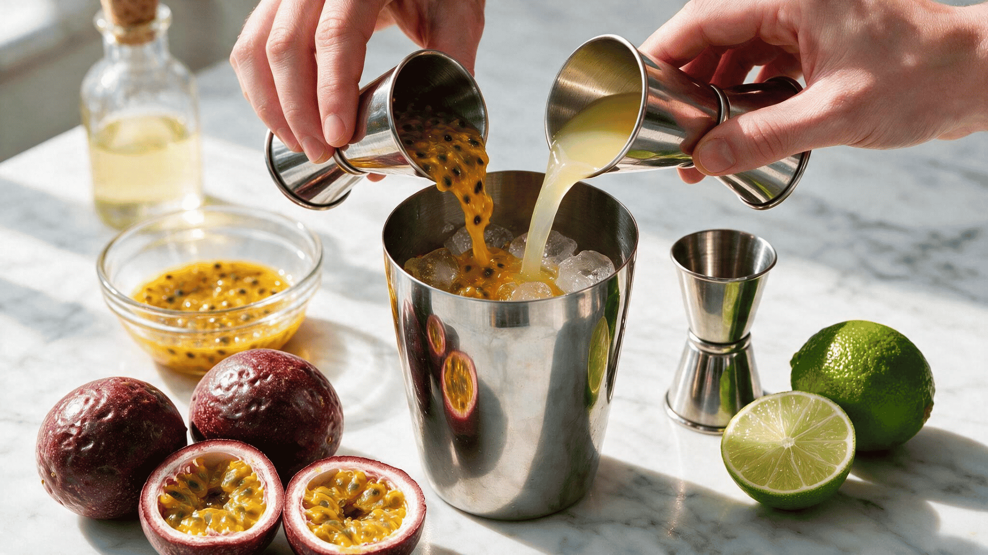 Measured passion fruit martiniingredients being poured into an ice-filled cocktail shaker with a jigger.