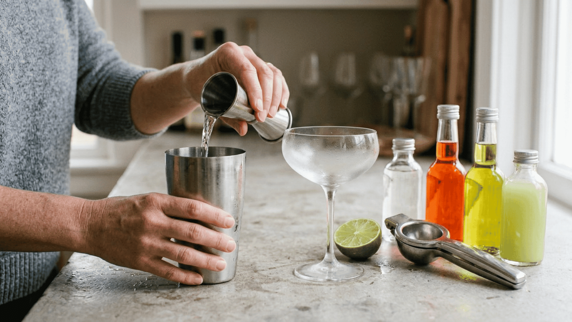 hands pouring mezcal, aperol, yellow chartreuse, and lime juice into a shaker